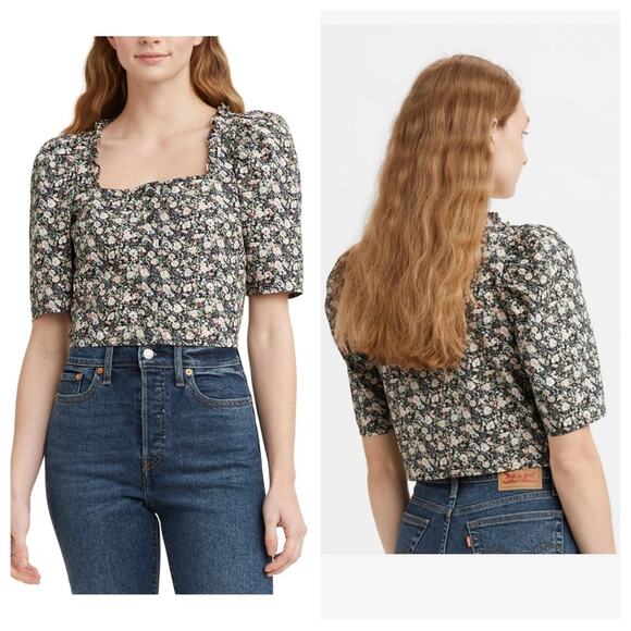 NWT Levi’s Square Neck Puff Sleeve Floral Crop Blouse - Size XL - Picture 1 of 8